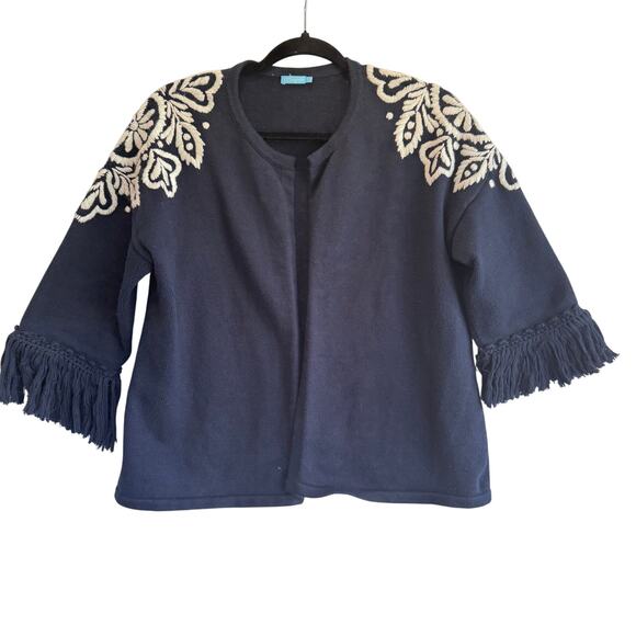 J. McLaughlin Navy Embroidered Fringe Sleeve Cardigan Jacket  L Cotton coastal - Picture 1 of 6